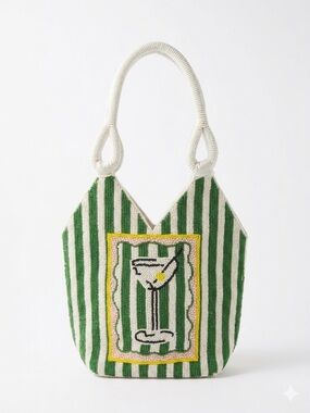 NWT Viral Martini Beaded Bag-Green & White Striped Cocktail Tote